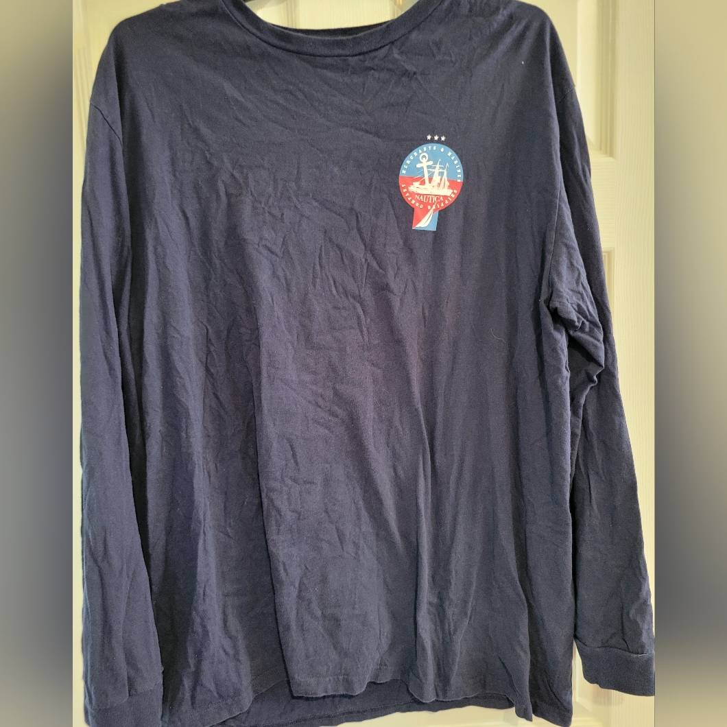 Nautica Mens Navy Blue Long Sleeve Nautical Merchant Marines Grapic T Shirt